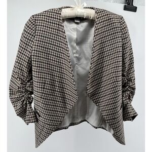 H&M Houndstooth Open Front Blazer Jacket Cropped Ruched Slv Chic Womens 4 Office